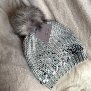 LC Lauren Conrad gray sequin faux fur pom beanie